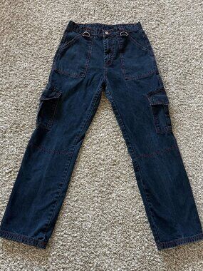 Daisy Street Black Cargo Pants Red Contrast Stitch D-Ring Y2K Goth Women’s Sz 7